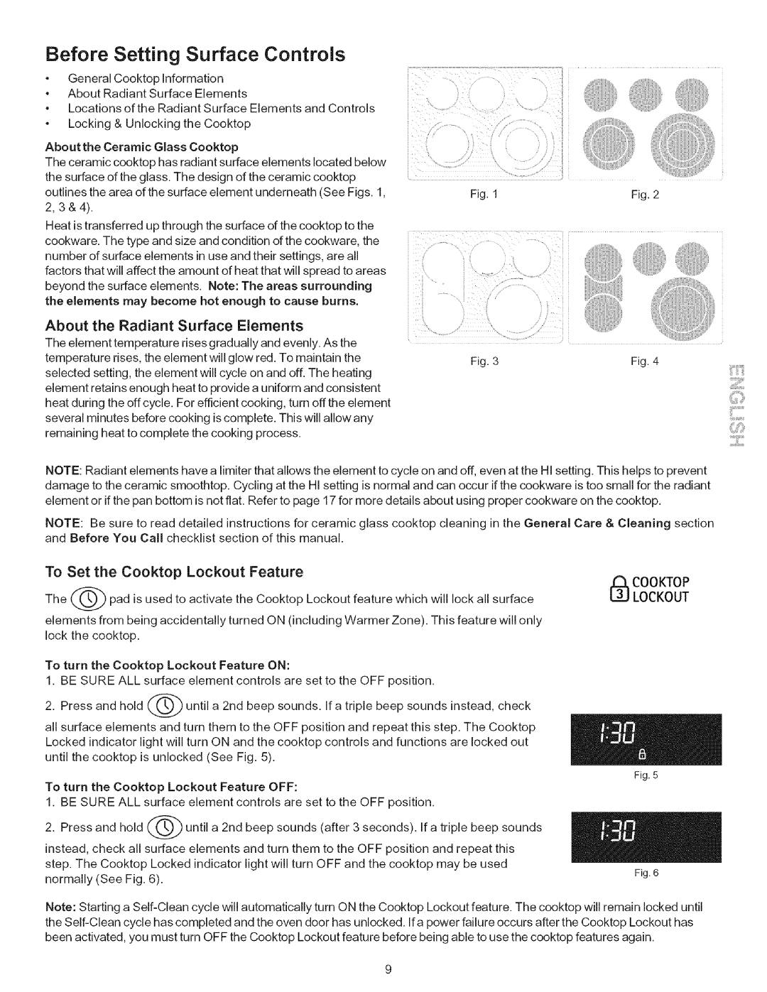 Kenmore 790-.9663 Before Setting Surface Controls, About the Radiant Surface Elements, To Set the Cooktop Lockout Feature 