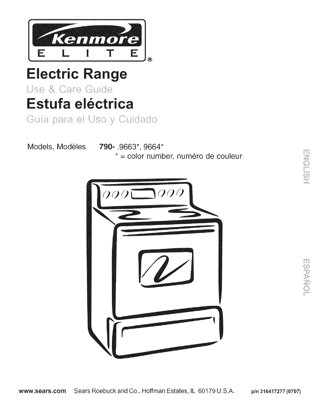 Kenmore 9664 manual Electric Range, E L I T E, Models, Modeles 790-.9663, = color number, numero de couleur 