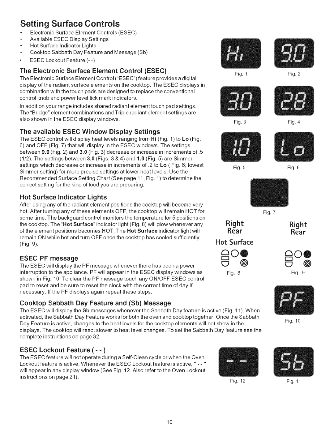 Kenmore 9664 Setting Surface Controls, @ rm, Hot Surface, The Electronic Surface Element Control ESEC, ESEC PF message 