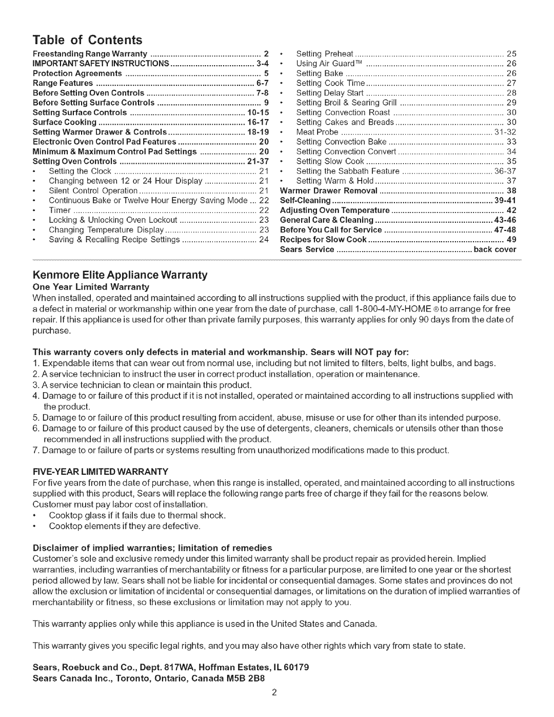 Kenmore 9664, 790-.9663 manual Table of Contents, Kenmore Elite Appliance Warranty 