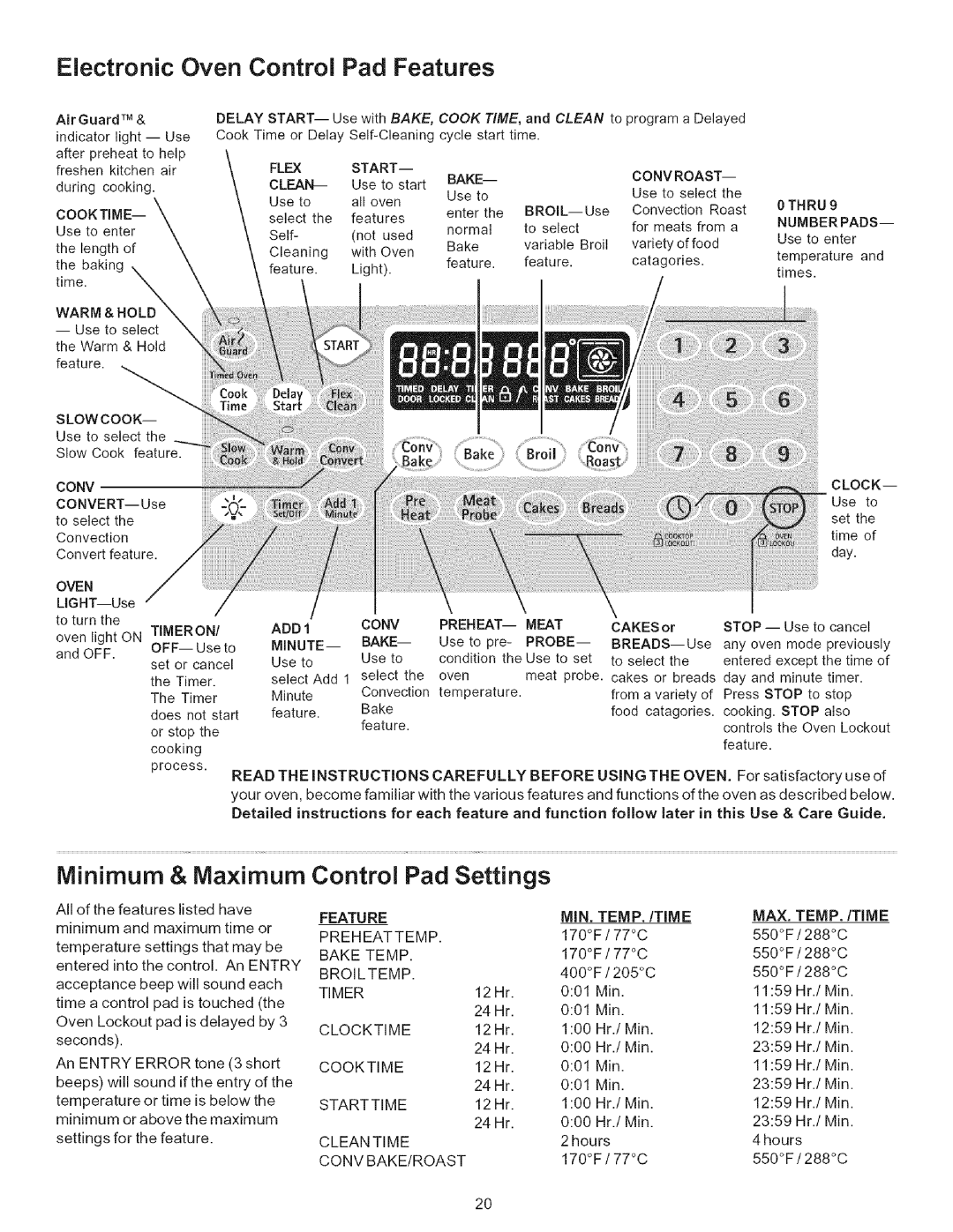Kenmore 9664, 790-.9663 manual Electronic Oven Control Pad Features, Minimum & Maximum, Pad Settings 