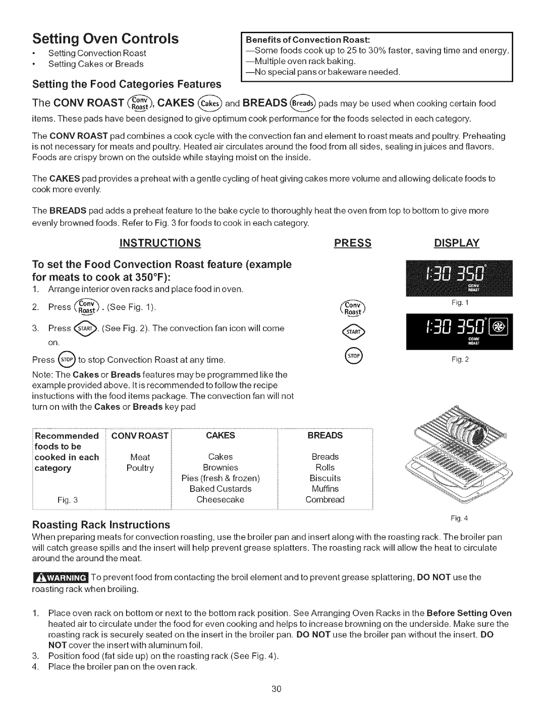 Kenmore 9664 Setting Oven Controls, Setting the Food Categories Features, Instructions, for meats to cook at 350F, Rack 