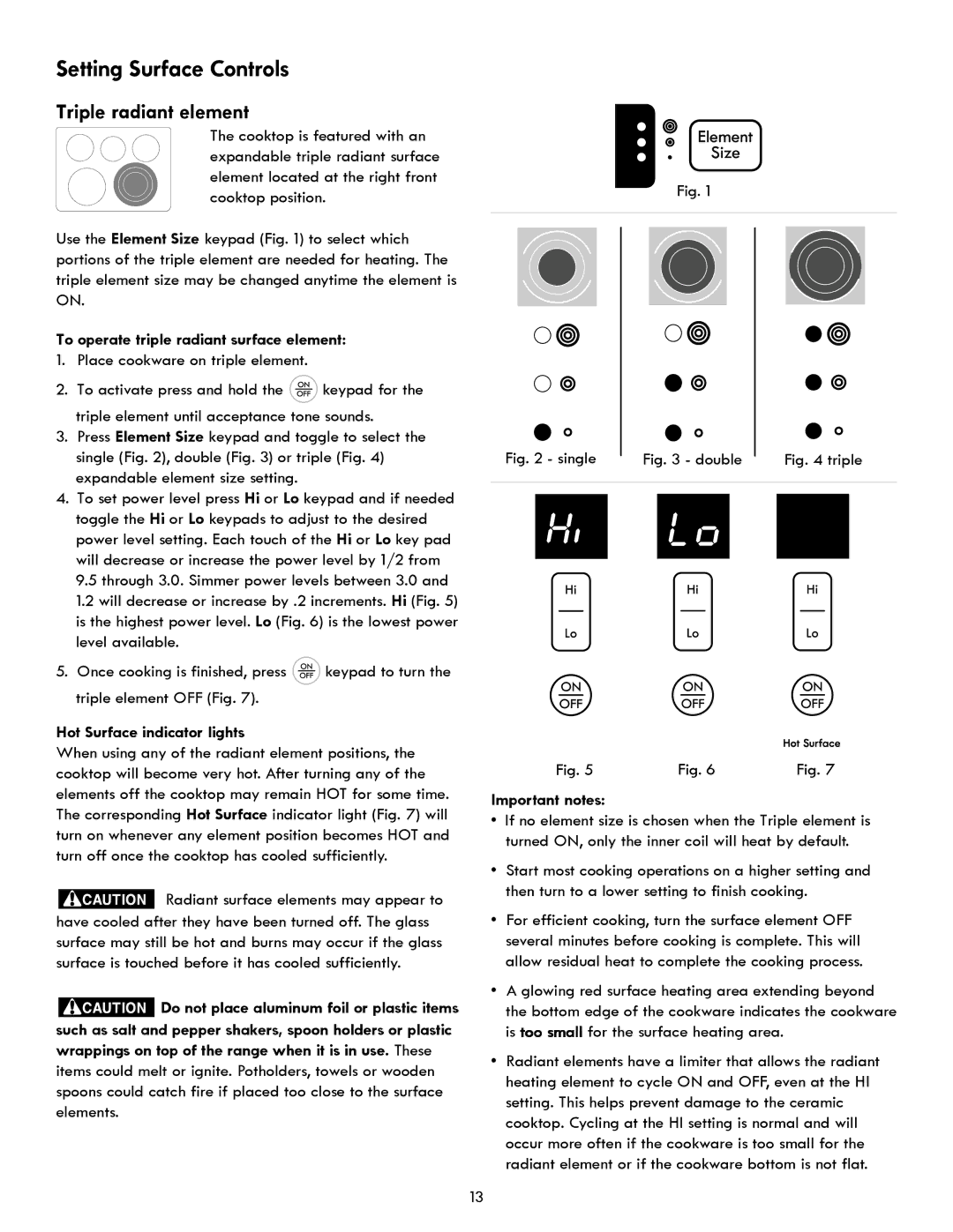 Kenmore 970- 6986 Triple radiant element, To operate triple radiant surface element, Place cookware on triple element 