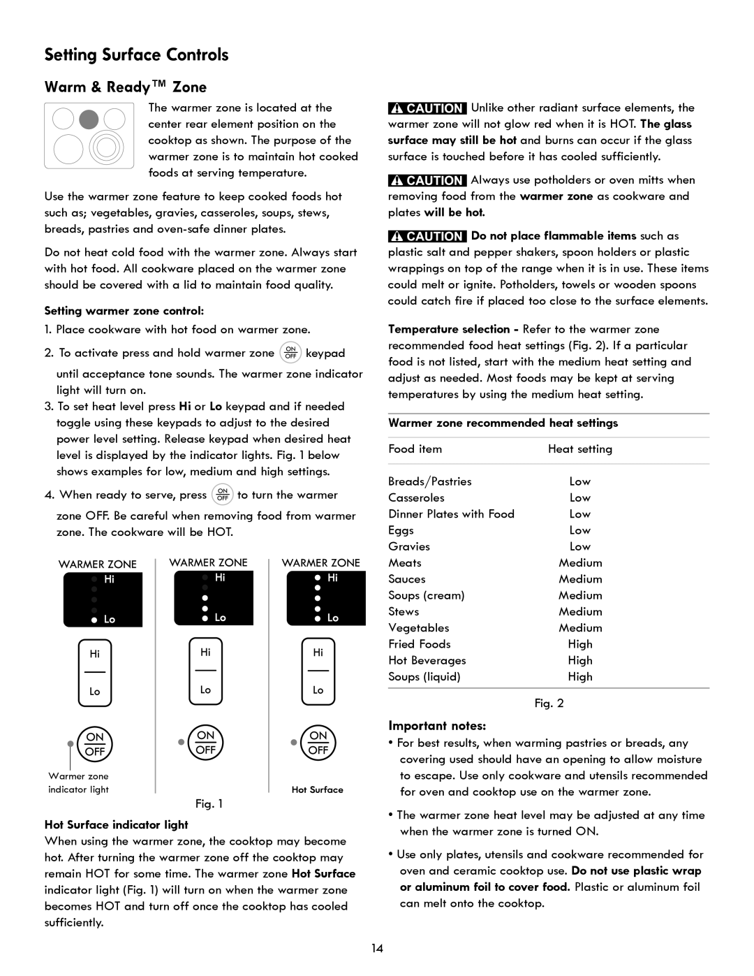 Kenmore 970- 6986 manual Warm & Ready Zone, Setting warmer zone control, Hot Surface indicator light 