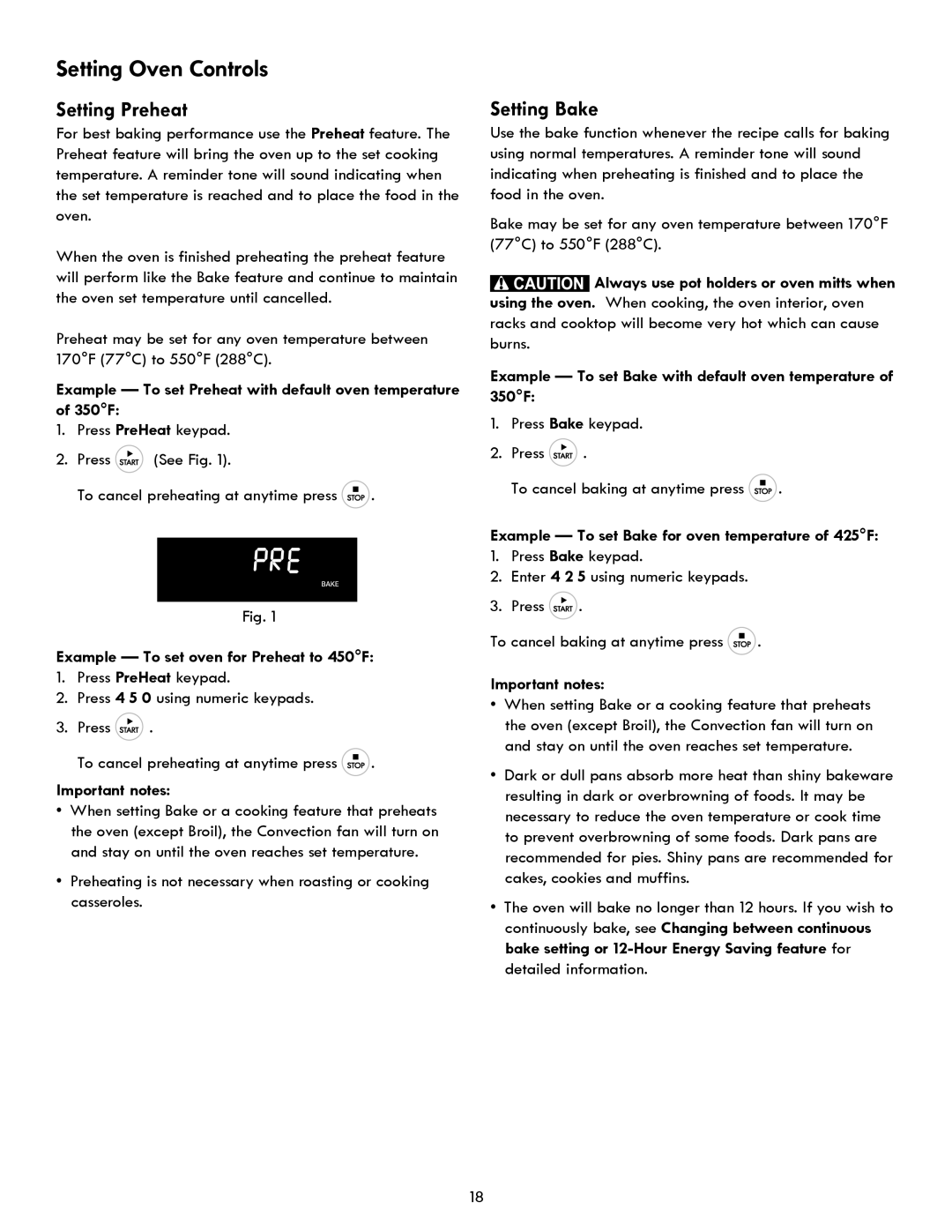 Kenmore 970- 6986 manual Setting Preheat, Setting Bake, Example To set oven for Preheat to 450F 