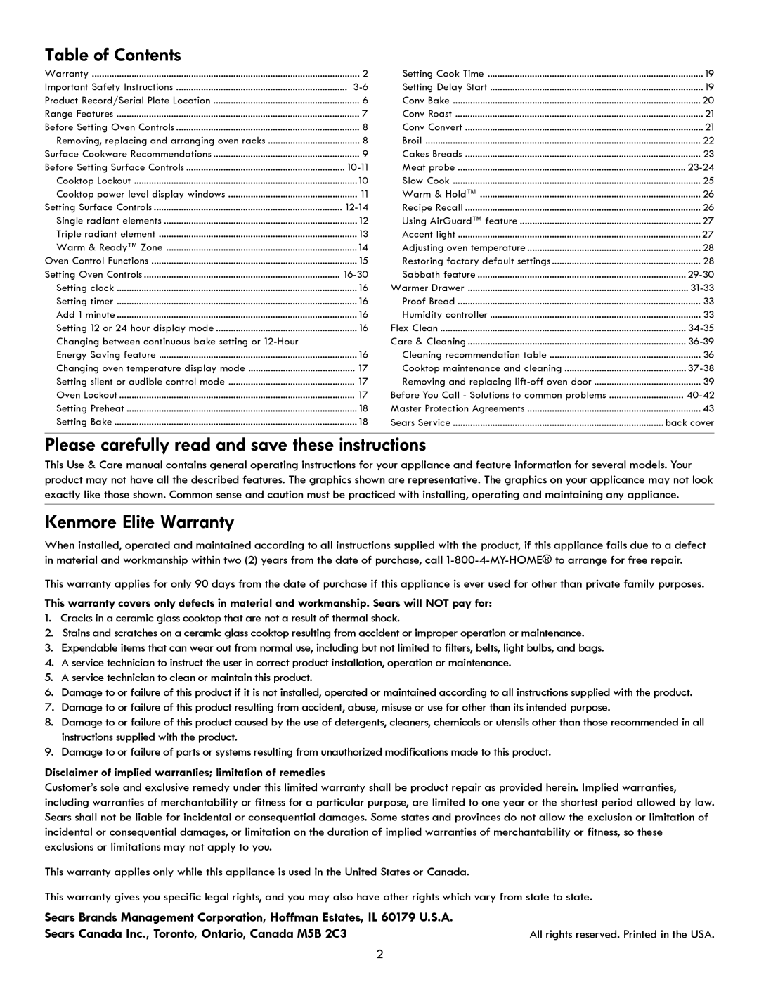 Kenmore 970- 6986 manual Table of Contents, Please carefully read and save these instructions, Kenmore Elite Warranty 