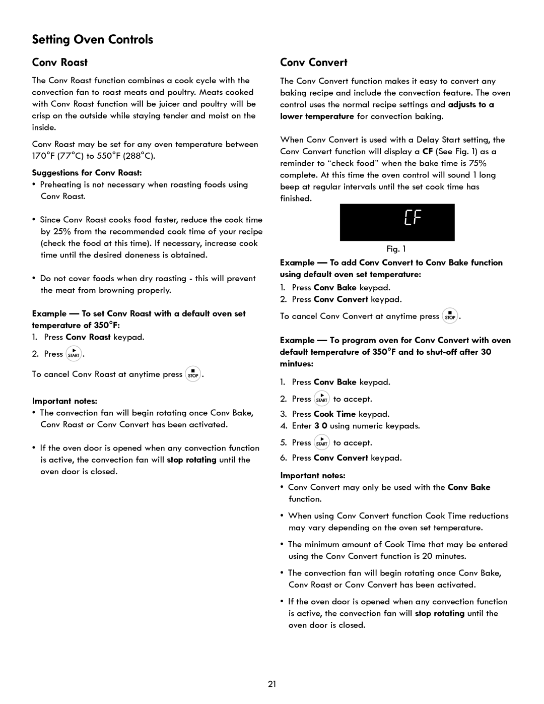 Kenmore 970- 6986 manual Suggestions for Conv Roast, Conv Convert may only be used with the Conv Bake function 