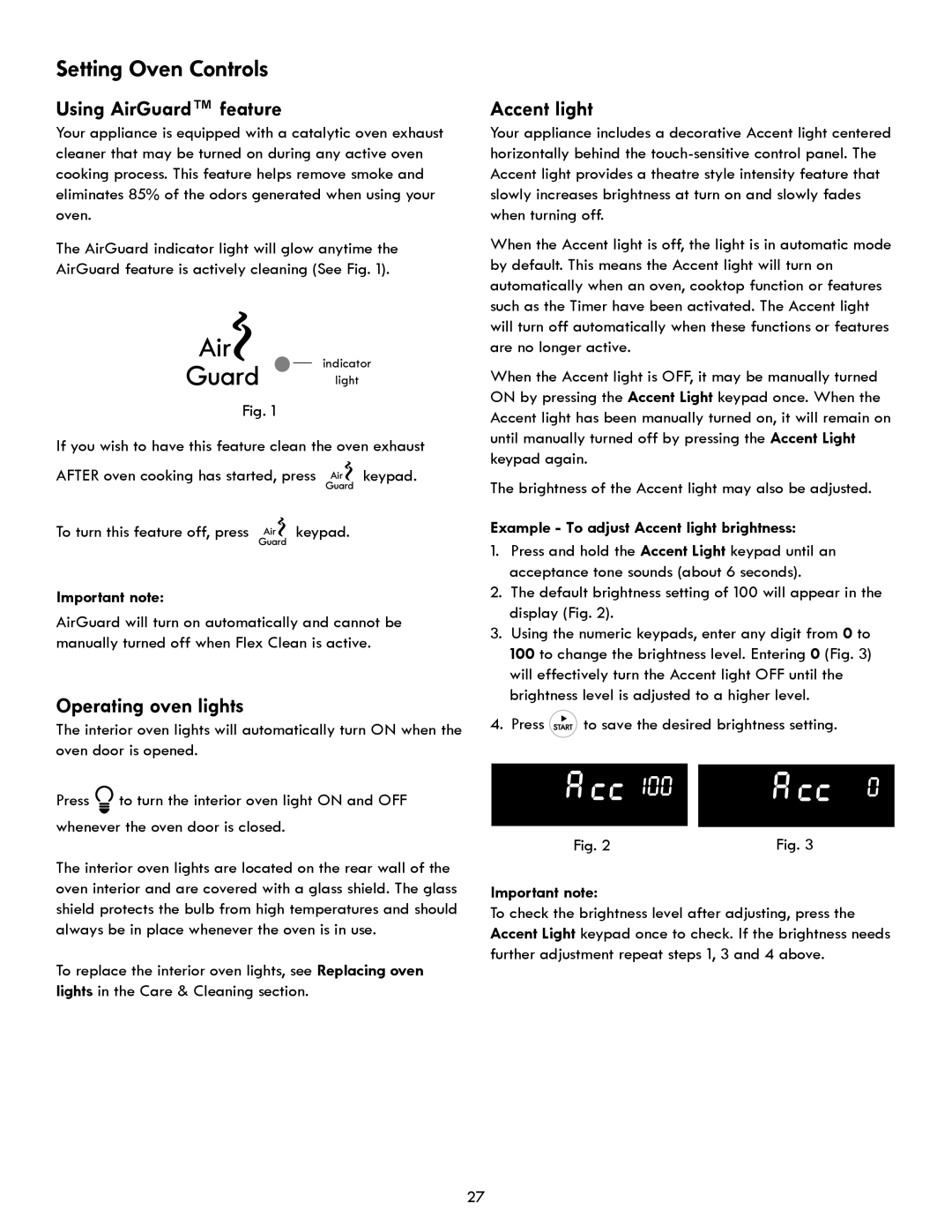 Kenmore 970- 6986 manual Using AirGuard feature, Operating oven lights, Example To adjust Accent light brightness 