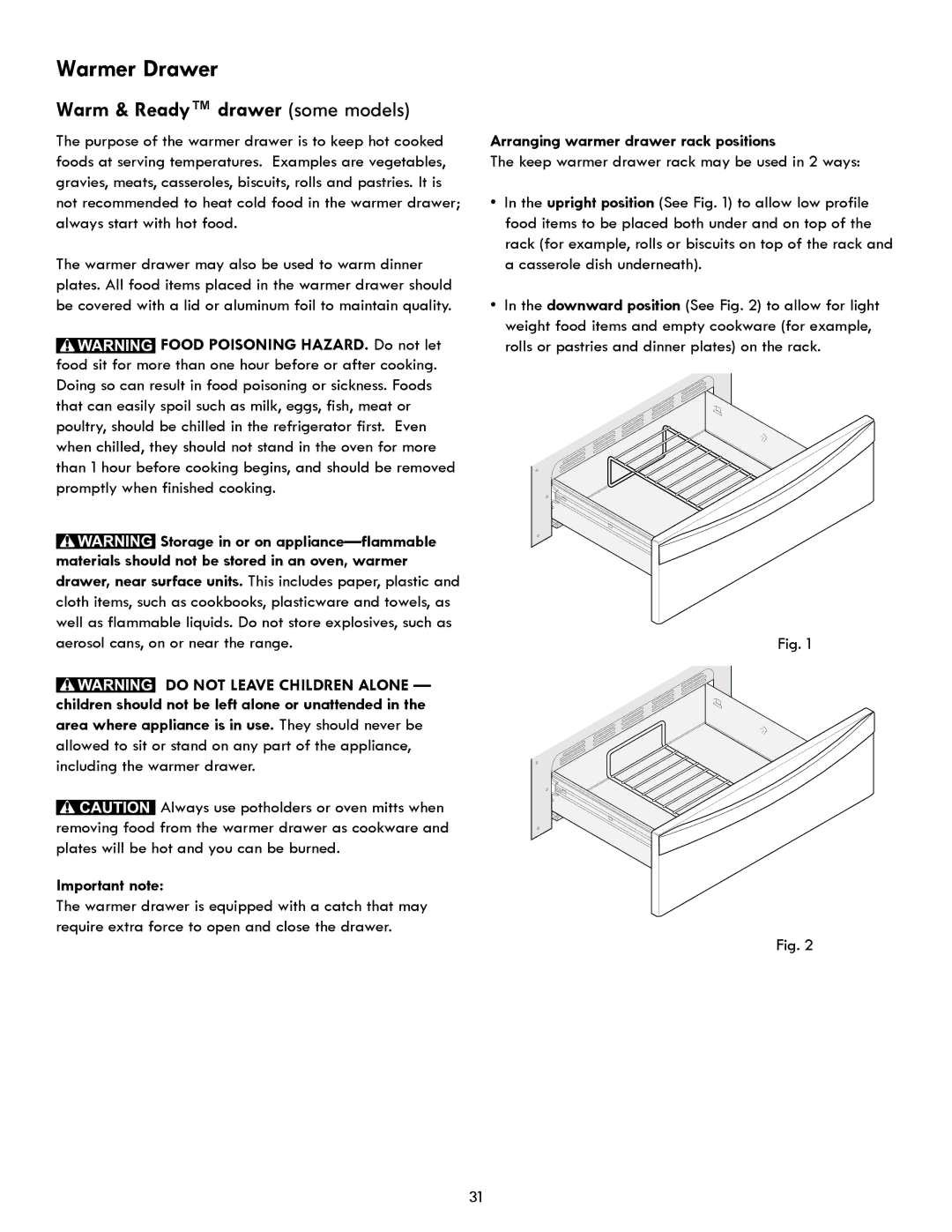 Kenmore 970- 6986 manual Warmer Drawer, Warm & Ready drawer some models, Arranging warmer drawer rack positions 