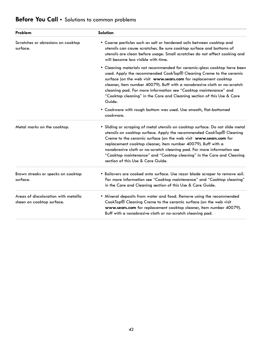 Kenmore 970- 6986 manual Surface, Care and Cleaning section of this Use & Care Guide, Areas of discoloration with metallic 