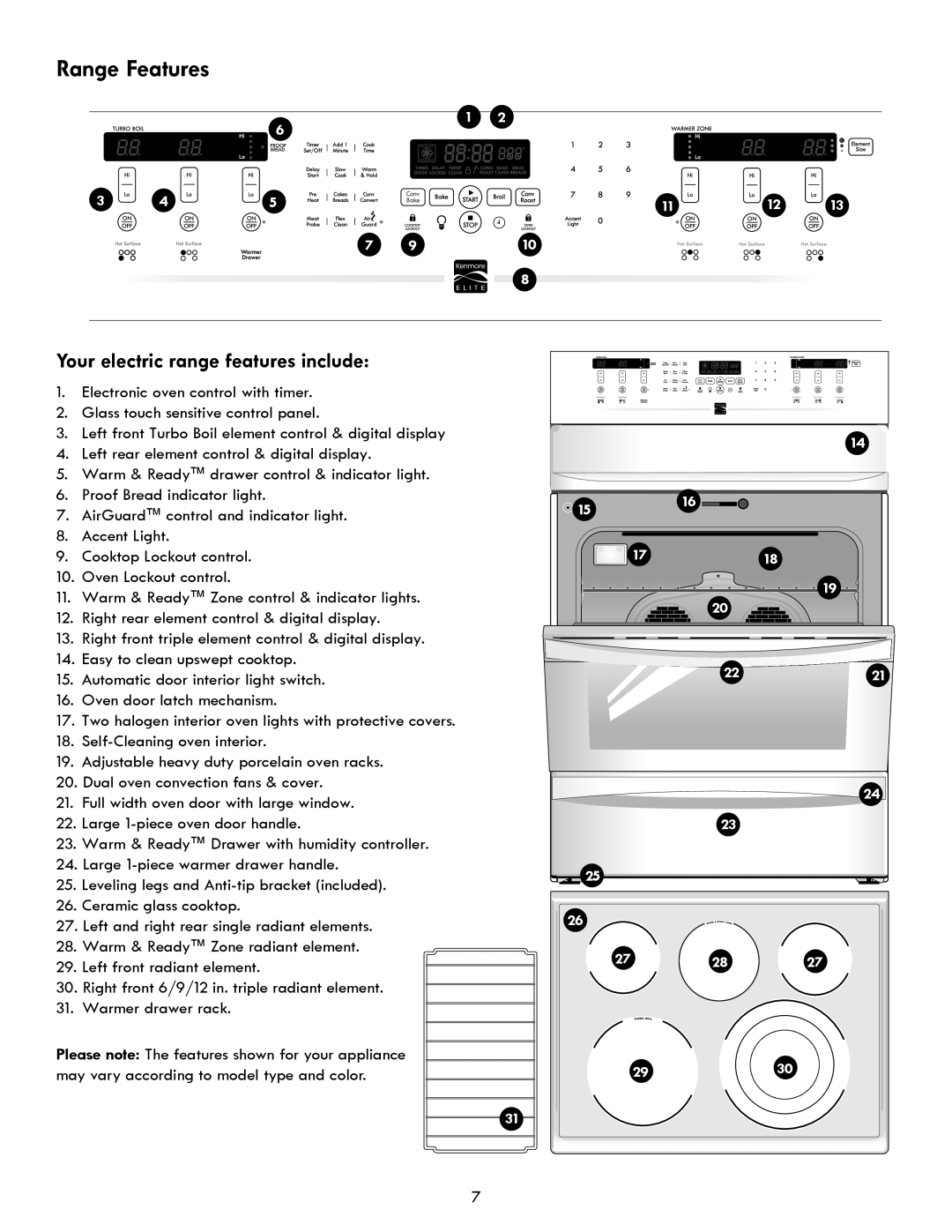 Kenmore 970- 6986 manual Range Features, Your electric range features include 