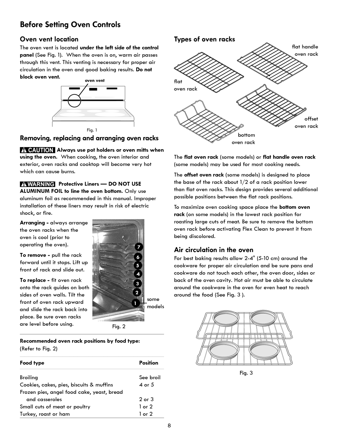 Kenmore 970- 6986 manual Types of oven racks, Air circulation in the oven, To replace fit oven rack, Food type Position 