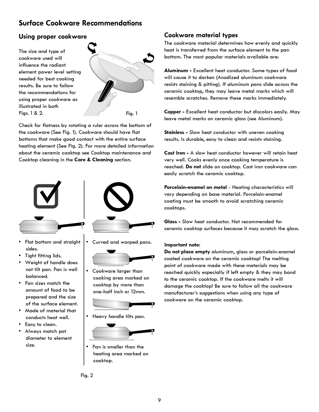 Kenmore 970- 6986 manual Using proper cookware, Cookware material types, Flat bottom and straight sides Tight fitting lids 