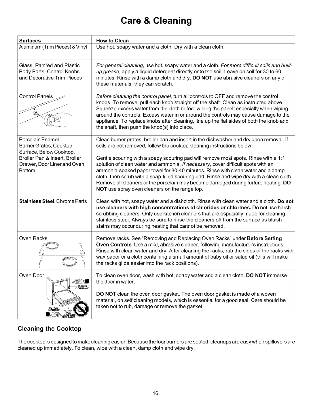 Kenmore 970-334421 manual Care & Cleaning, Surfaces, Stainless Steel, Chrome Parts, How to Clean, Cleaning the Cooktop 