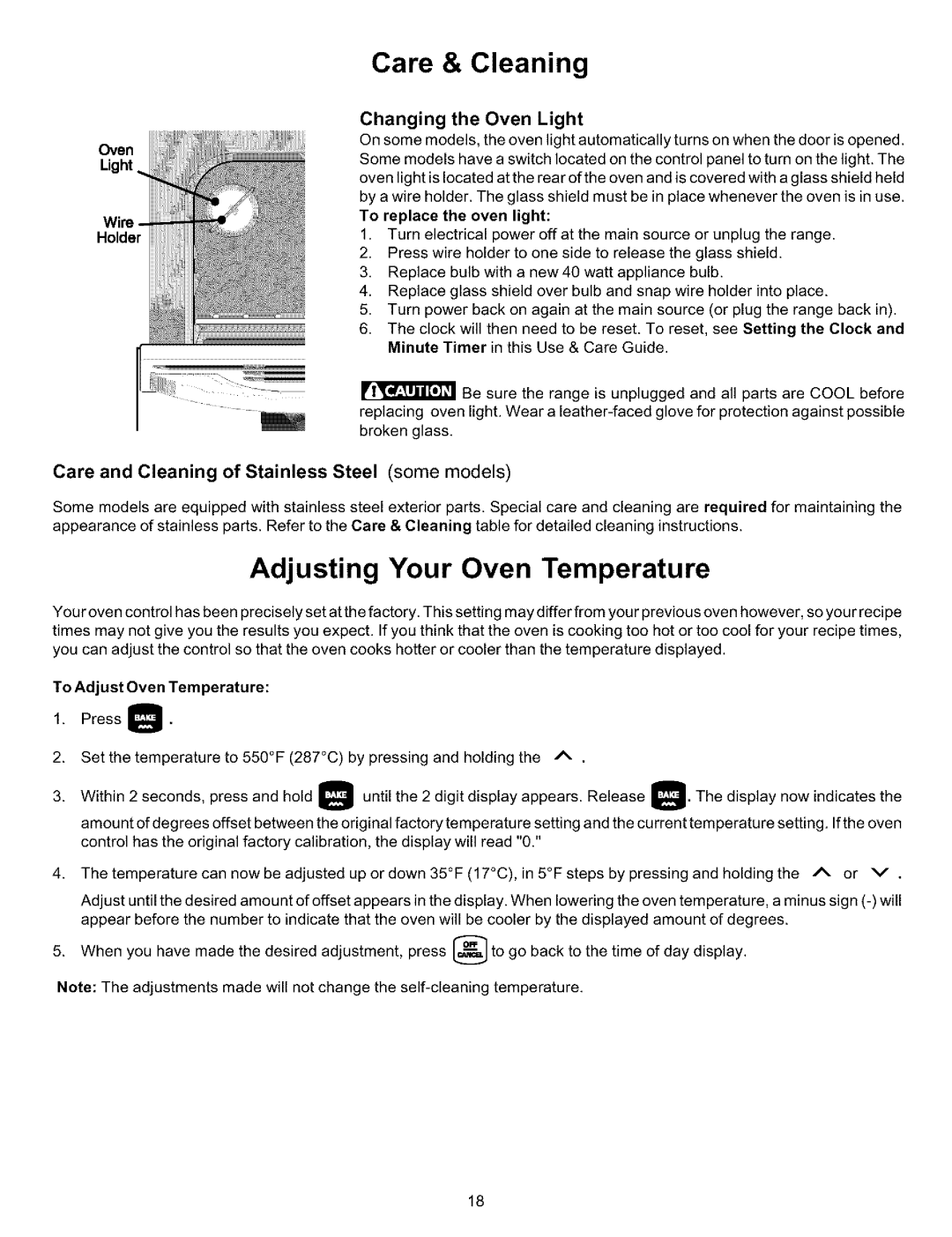 Kenmore 970-334421 manual Adjusting Your Oven Temperature, Changing the Oven Light, Holder, To Adjust Oven Temperature 