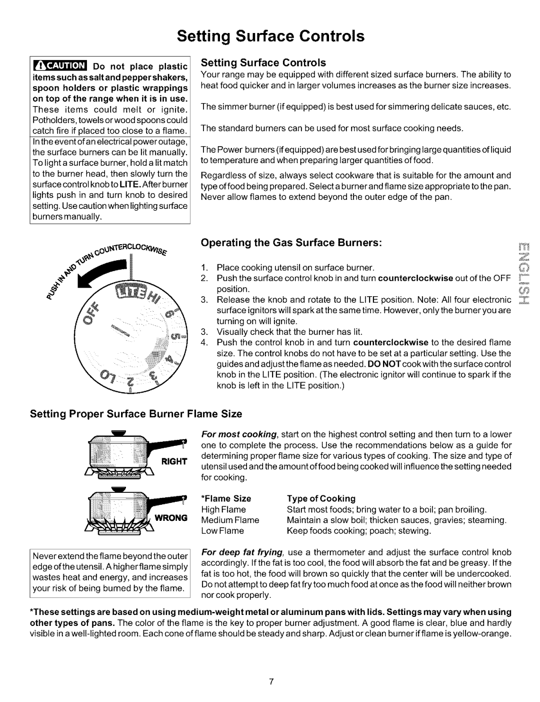 Kenmore 970-334420 Setting Surface Controls, Operating the Gas Surface Burners, Setting Proper Surface Burner Flame Size 