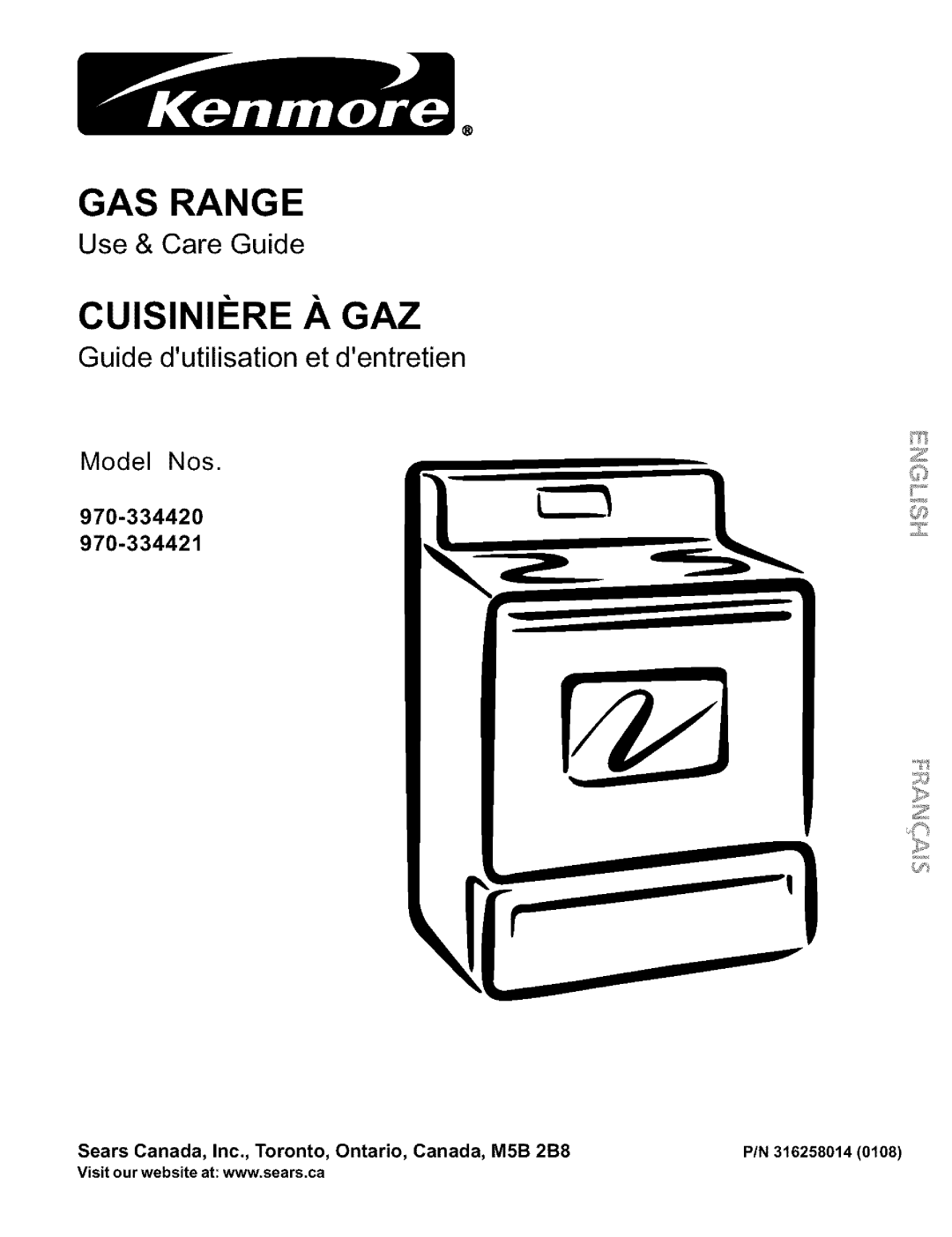 Kenmore 970-334420 manual Gas Range, Cuisinii_Re A Gaz, Use & Care Guide, Guide dutilisation et d rentret en, Model Nos 