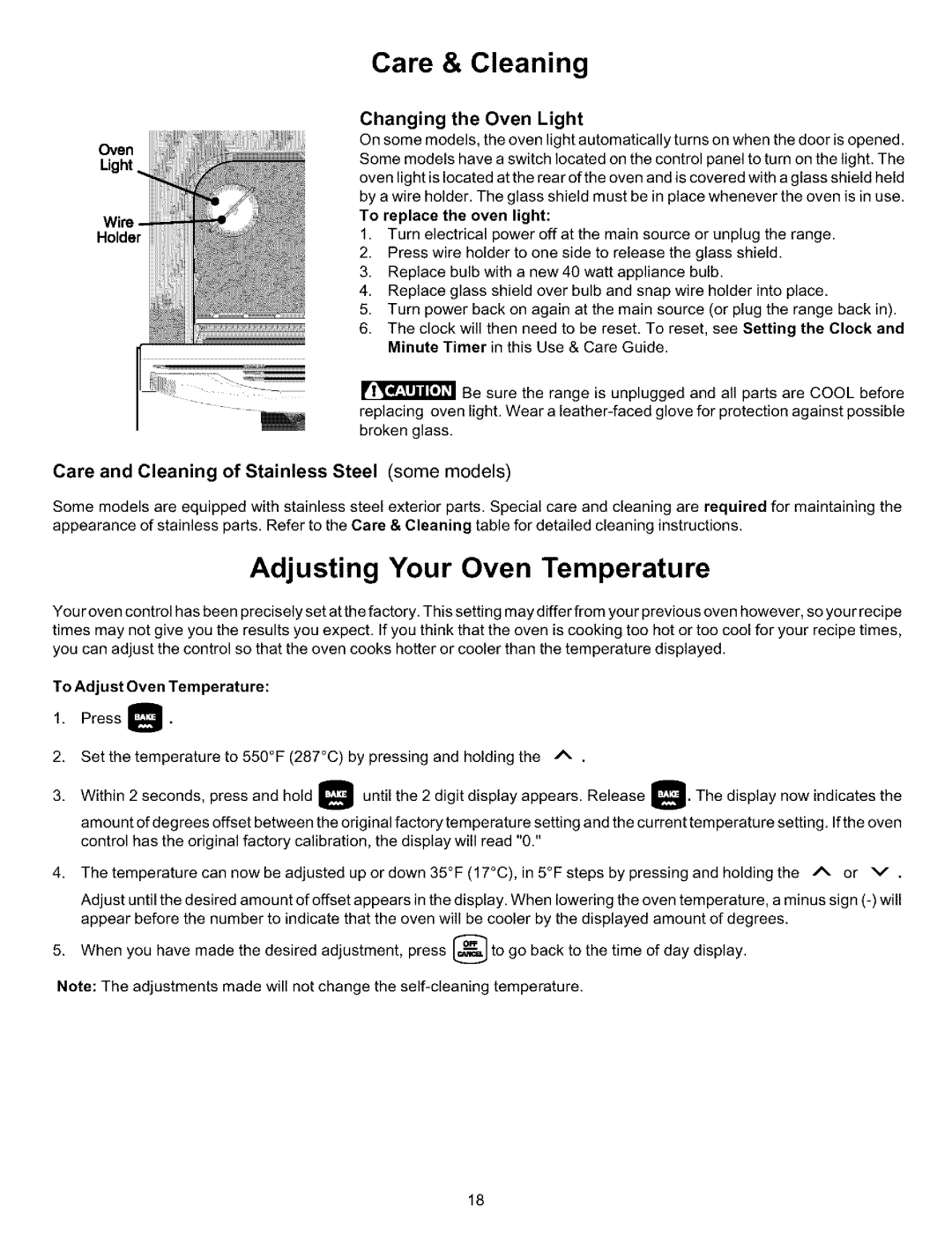 Kenmore 970-334421, 970-334420 manual Adjusting Your Oven Temperature, Care & Cleaning, Changing the Oven Light, Holder 