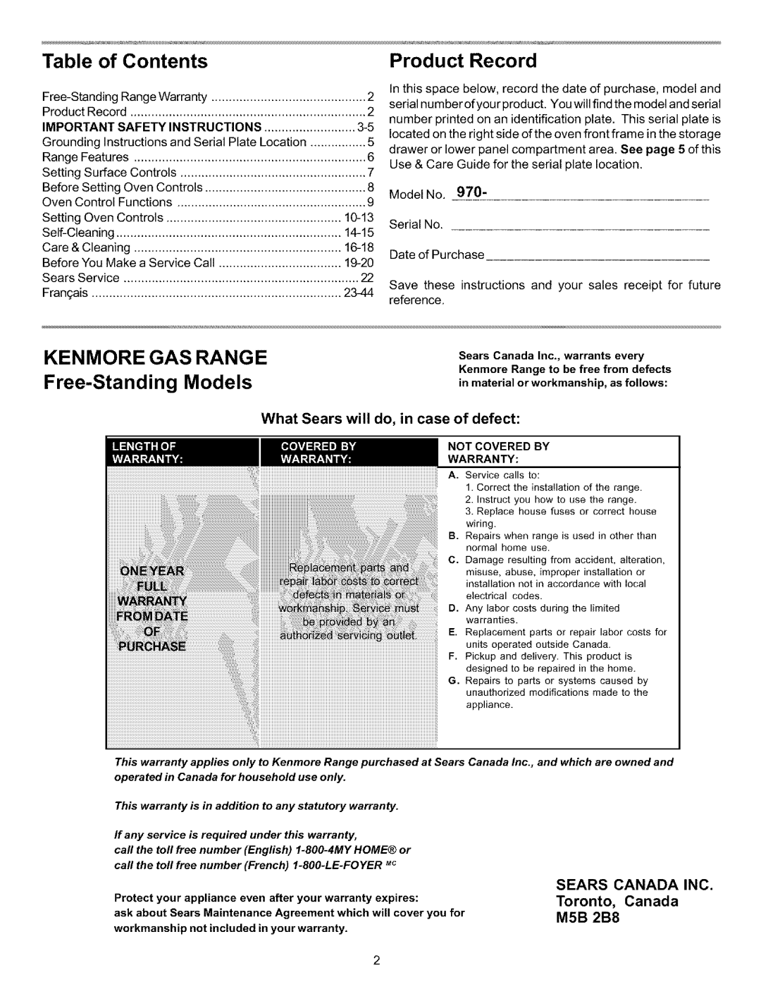 Kenmore 970-334421 manual of Contents, Product Record, KENMORE GAS RANGE Free-StandingModels, Important Safety Instructions 