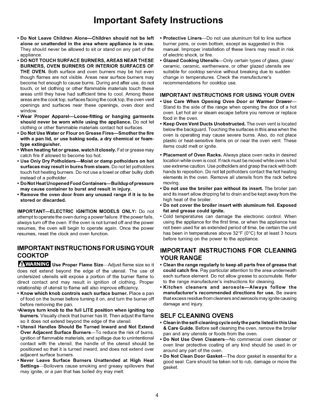 Kenmore 970-334421 manual Important Safety Instructions, Important Instructions For Using Your Cooktop, Self Cleaning Ovens 