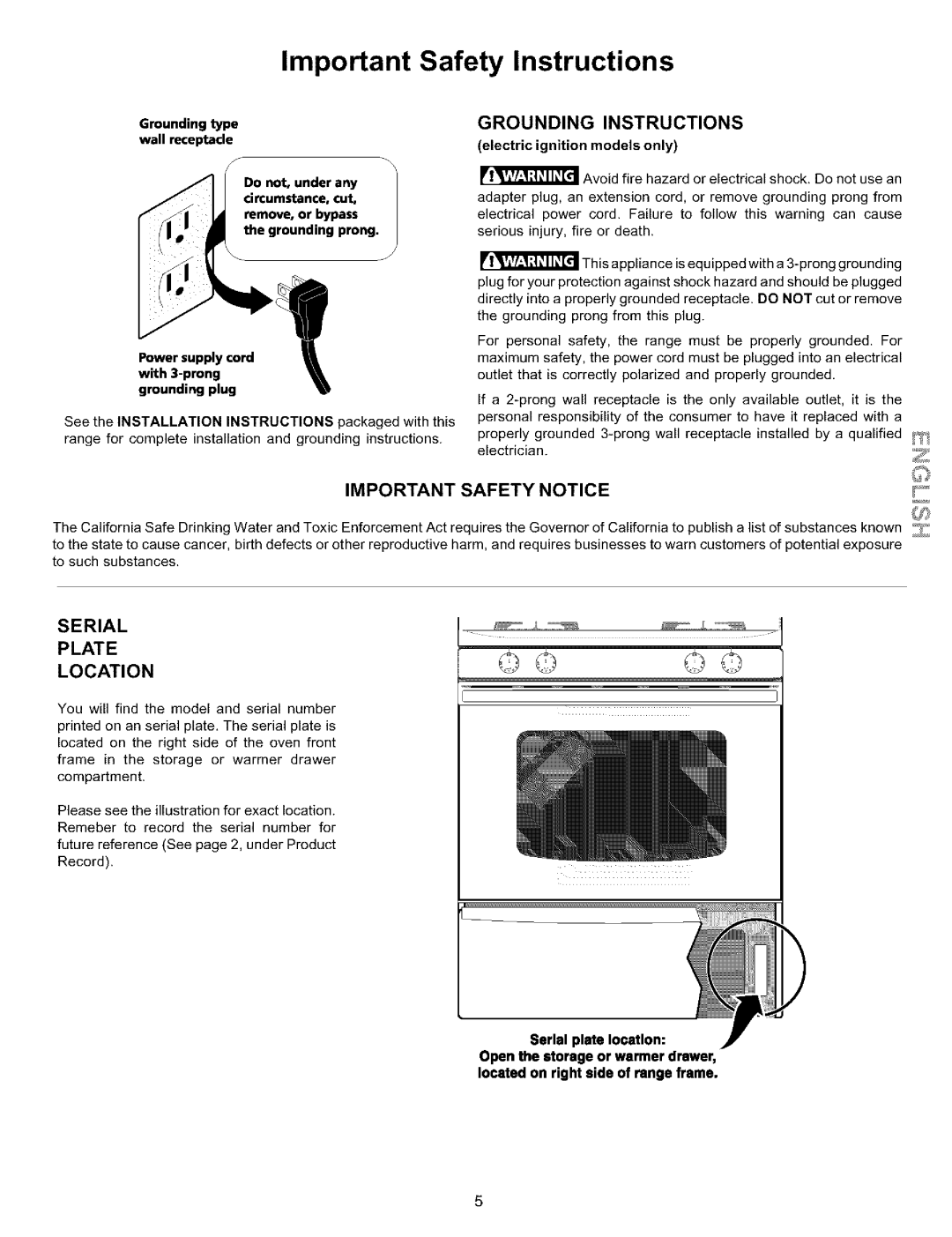 Kenmore 970-334420 Important Safety Instructions, Grounding Instructions, Important Safety Notice, Serial, Plate, Location 