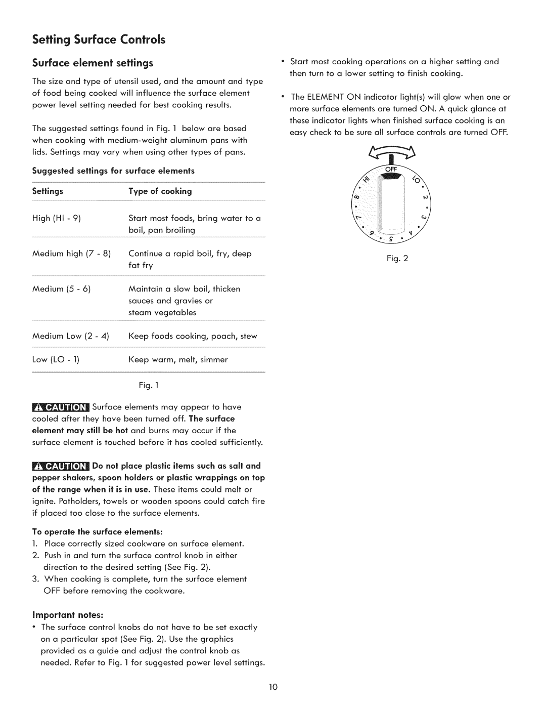 Kenmore 970-5984 manual Setting Surface Controls, Surface element settings 