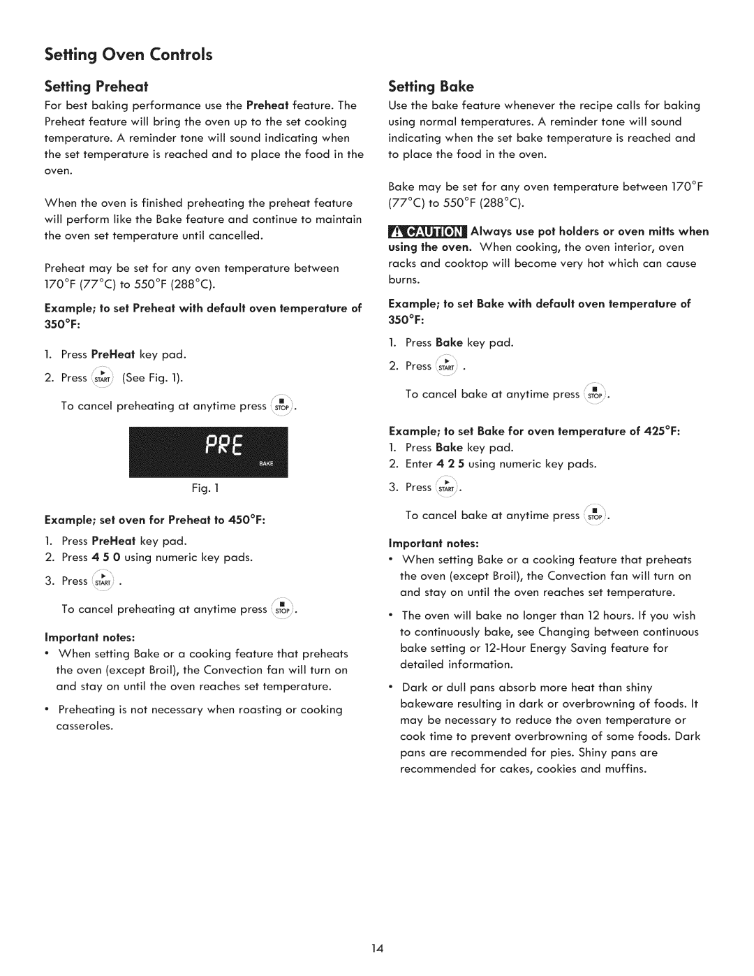 Kenmore 970-5984 manual Setting Preheat, Setting Bake, Example set oven for Preheat to 450F 