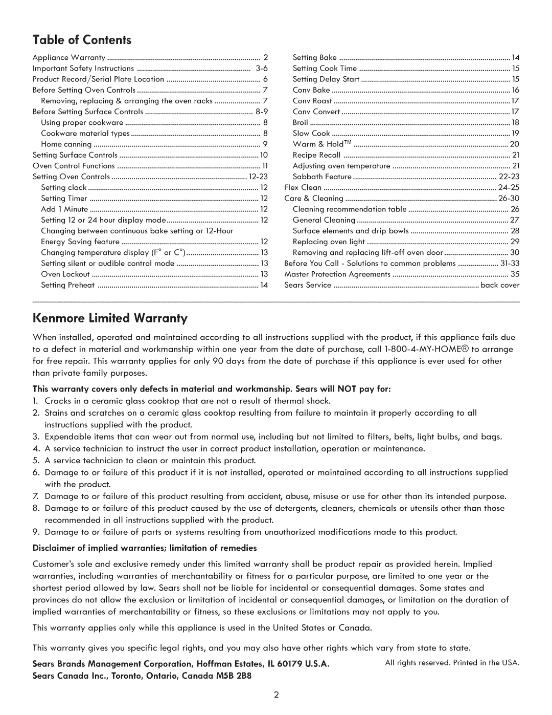 Kenmore 970-5984 manual Ienrnore Limited Warranty, Contents 