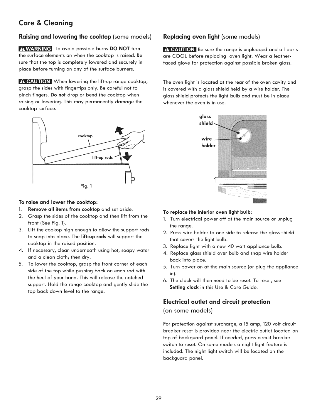 Kenmore 970-5984 manual Raising and lowering the cooktop some models, Replacing oven light some models, Cooktop, Wire 