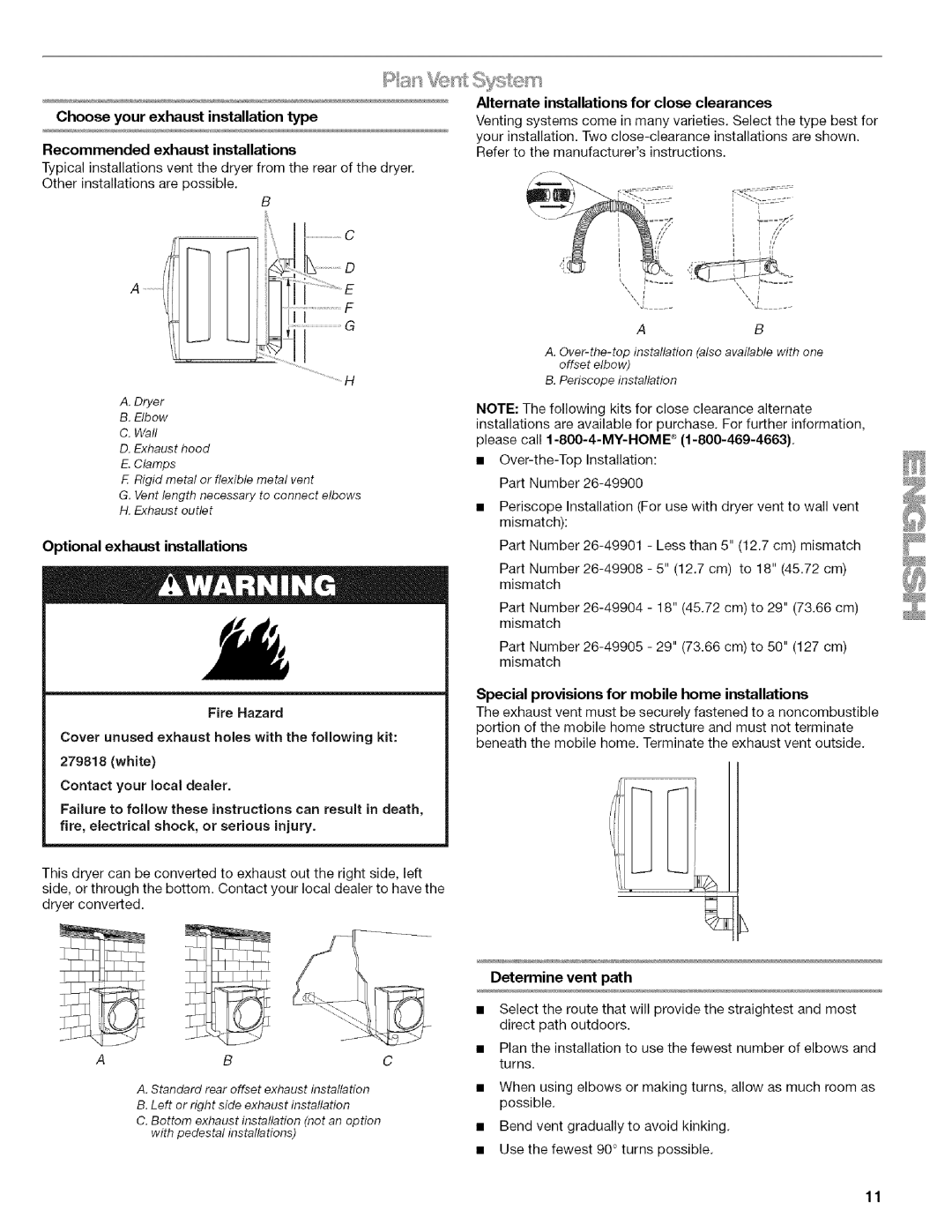 Kenmore 110.9756, 9757, 9758 manual Optional exhaust installations, Recommended exhaust installations, Determine vent path 