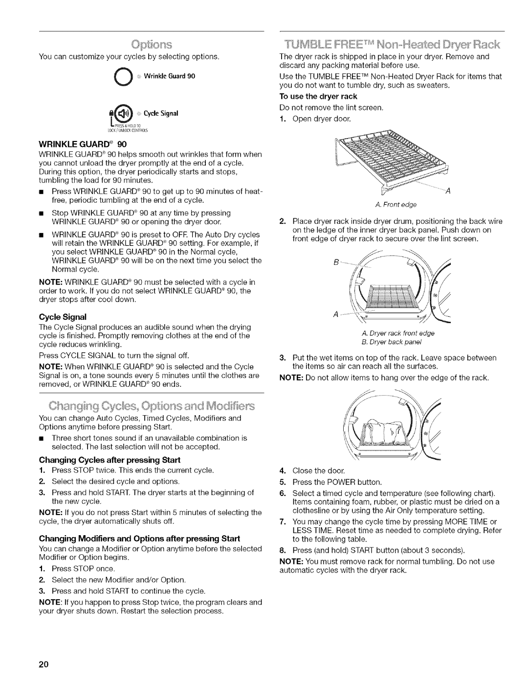 Kenmore 110.9756, 9757, 9758 manual WrinkleGuard90, Wrinkle Guard e90, Cycle Signal, Changing Cycles after pressing Start 