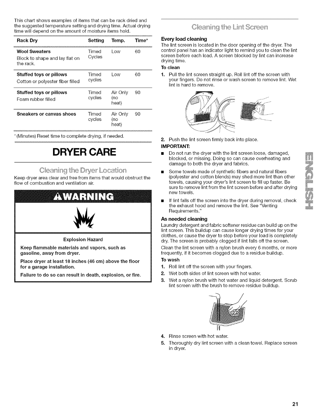 Kenmore 9757, 9758, 110.9756 manual Dryer Care 