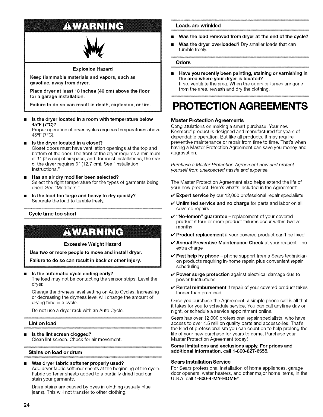 Kenmore 9757, 9758, 110.9756 manual Lint on load Is the lint screen clogged?, Master Protection Agreements 