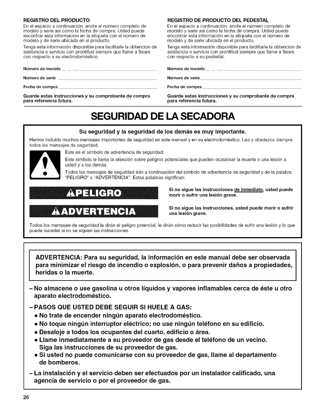 Kenmore 110.9756, 9757, 9758 manual Seguridad DE LA Secadora, Su seguridad y la seguridad de los demas es muy importante 