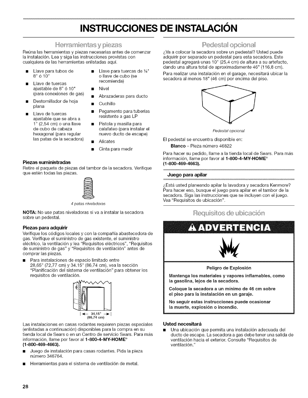 Kenmore 9758, 9757 Piezas suministradas, Patas niveladoras, Piezas para adquirir, Peligro de Explosi6n, Usted necesitara 