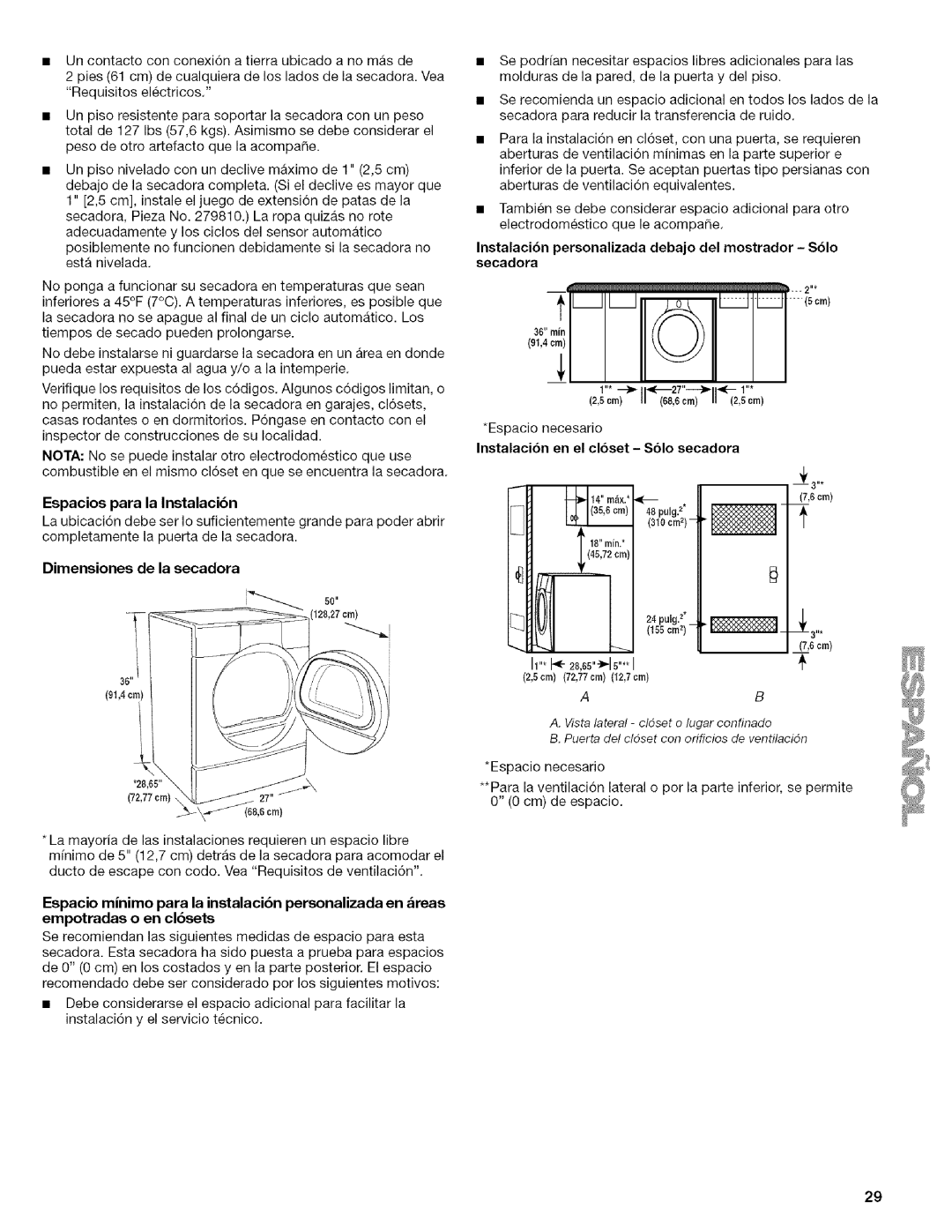 Kenmore 110.9756, 9757 Dimensiones de la secadora, Espacios para la Instalacibn, Instalaci6n en el cl6set S61o secadora 