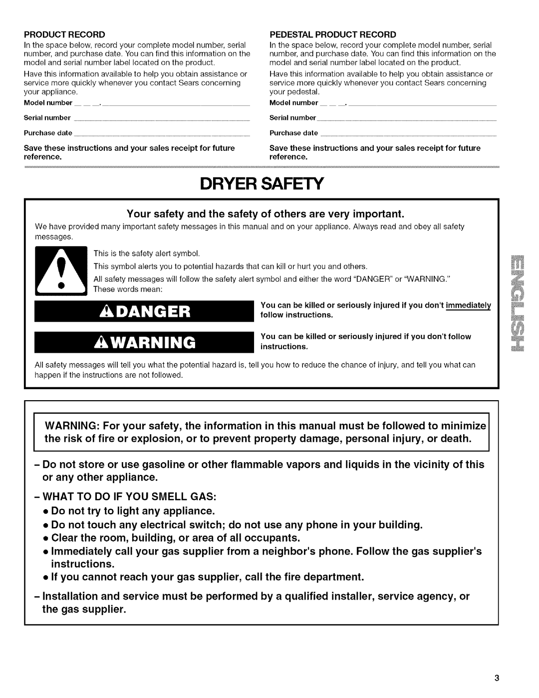 Kenmore 9757, 9758, 110.9756 manual Dryer Safety, Pedestal Product Record, Model number 