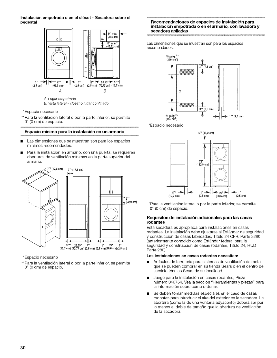 Kenmore 9757 68,6 cm, Espacio minimo para la instalacibn en un armario, Las instalaciones en casas rodantes necesitan 