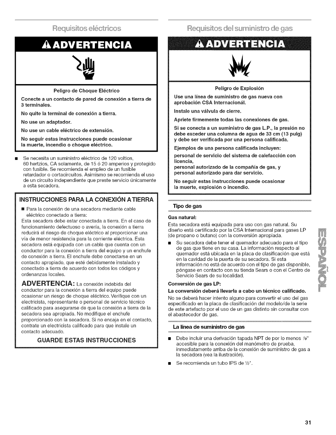 Kenmore 9758, 9757, 110.9756 manual Tipo de gas, La linea de suministro de gas, Peligro de E×plosion, Gas natural 