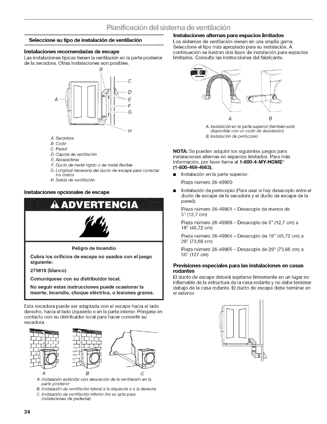 Kenmore 9758, 9757, 110.9756 manual Instalaciones opcionales de escape, Instalaciones alternas para espacios limitados 