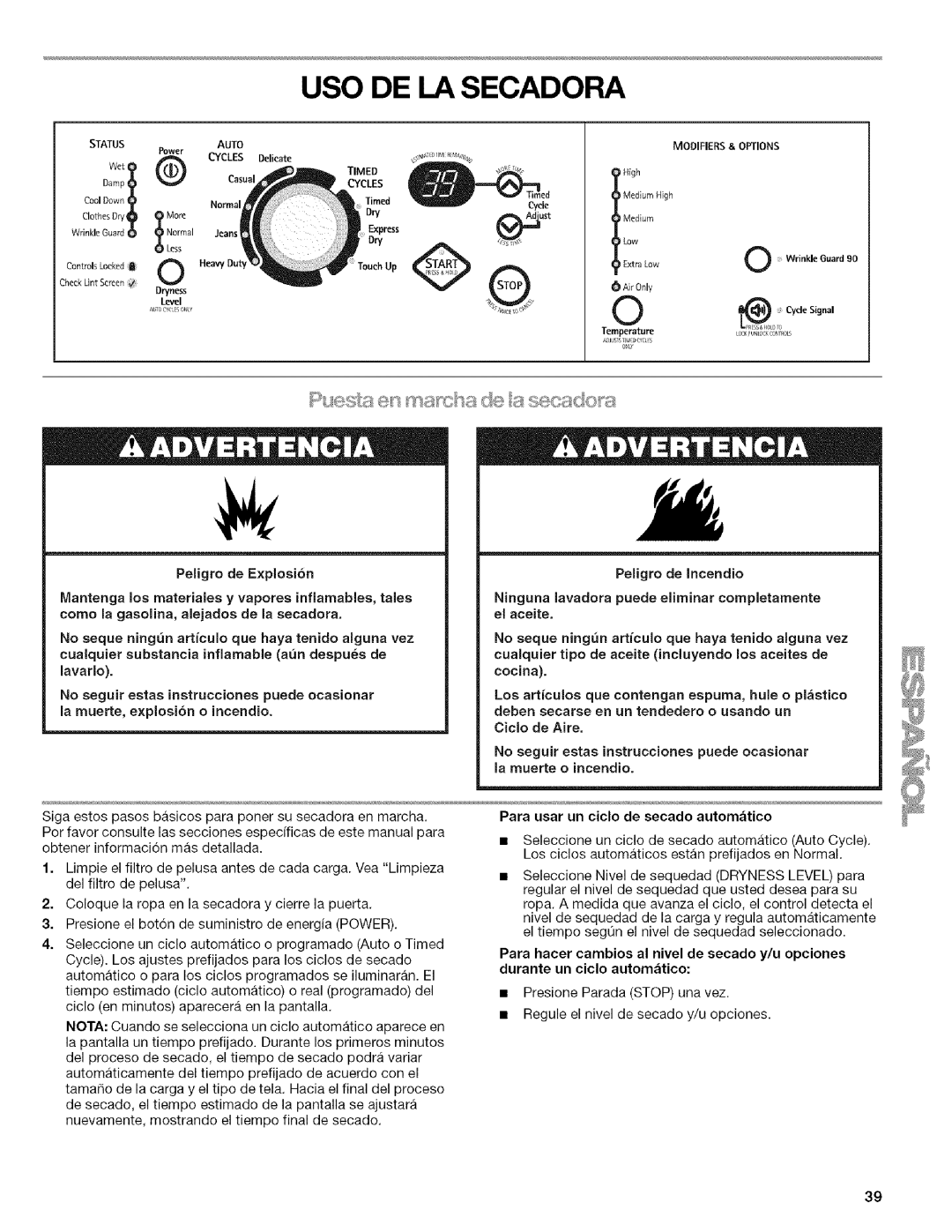 Kenmore 9757, 9758, 110.9756 manual USO DE LA Secadora, Para usar un ciclo de secado automatico 