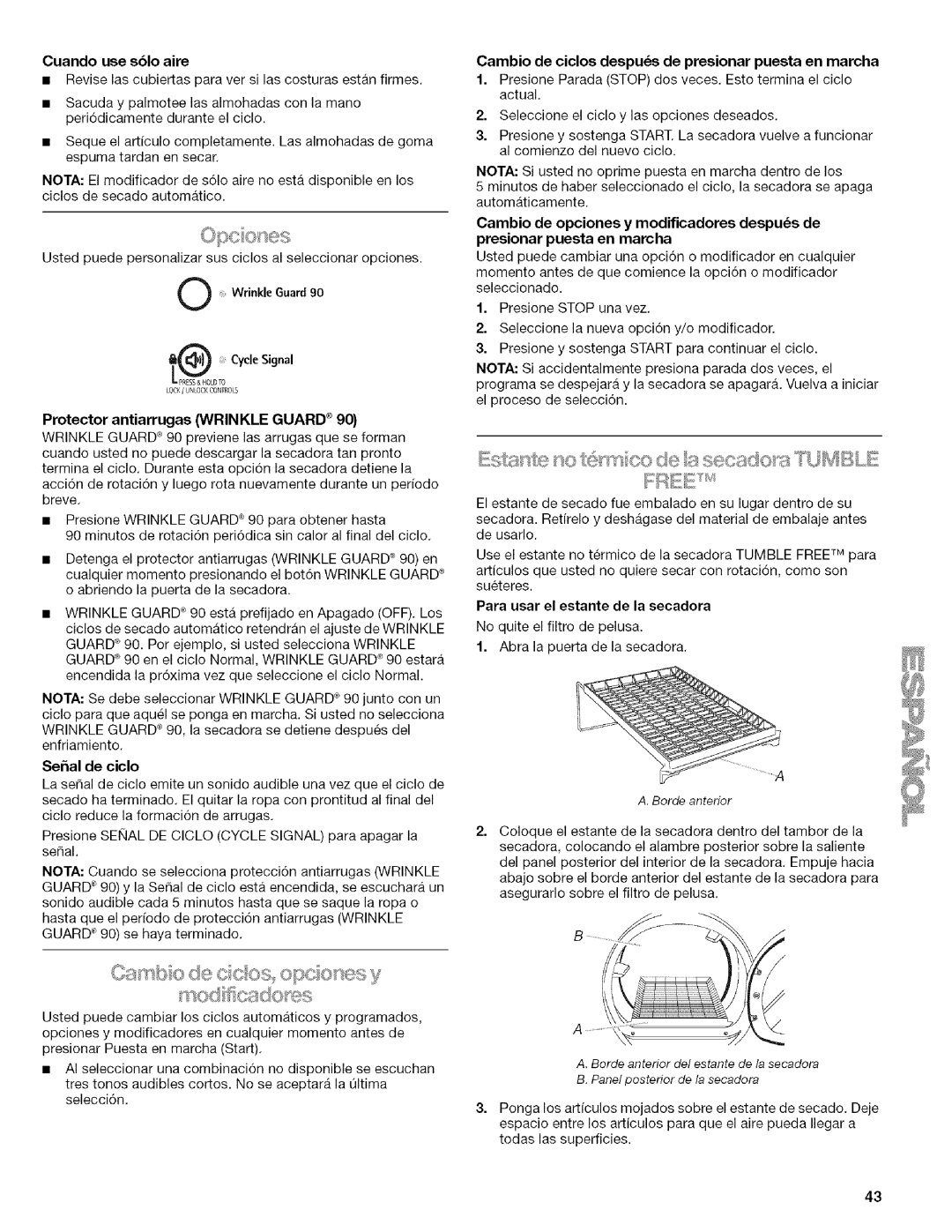 Kenmore 9758, 9757, 110.9756 manual Cuando use s61o aire, WrinkleGuard90 YcleSignal, Sehal de ciclo 