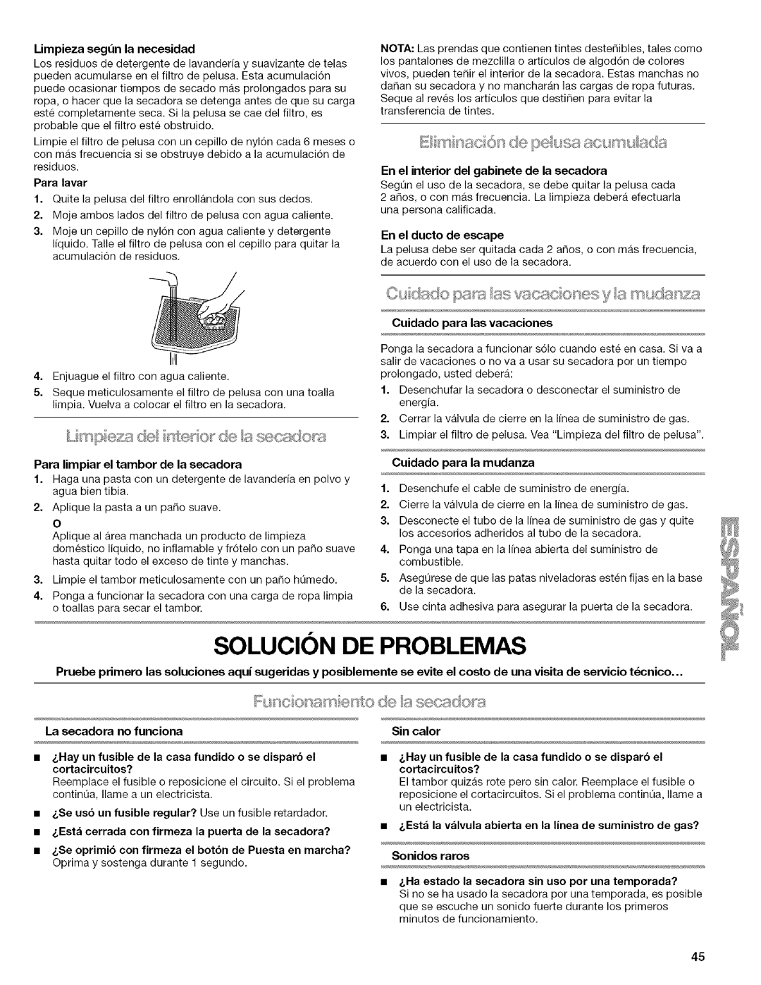 Kenmore 9757, 9758, 110.9756 manual Solucion DE Problemas, La secadora No funciona Sin calor, Sonidos raros 