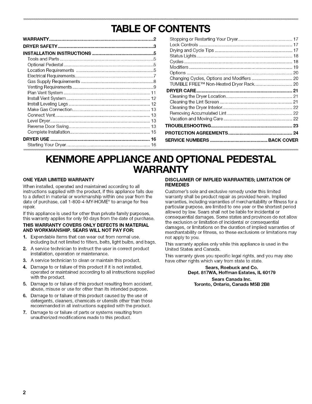 Kenmore 110.9756, 9757 Table Of Contents, Kenmore Appliance And Optional Pedestal Warranty, Dryer Safety, Installation 