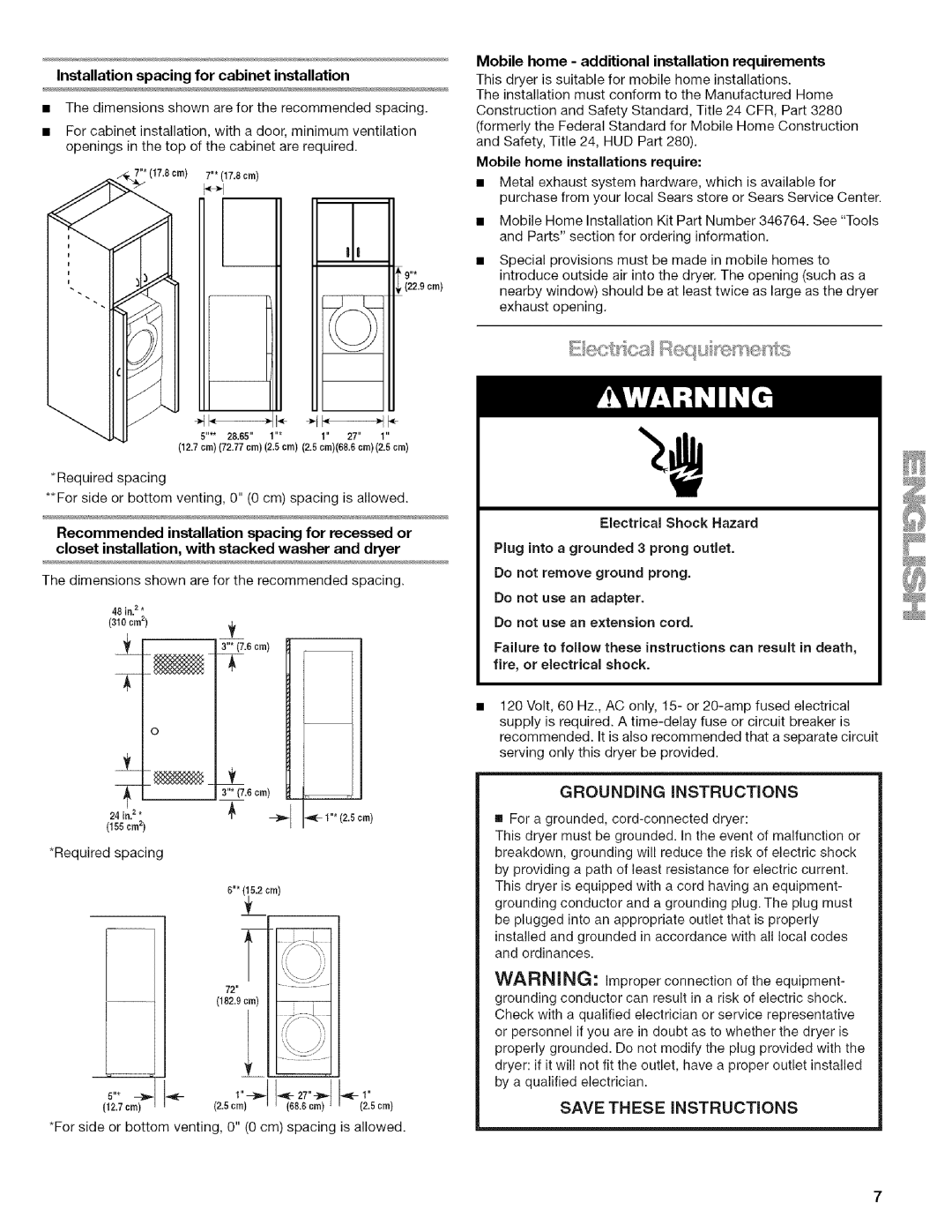 Kenmore 9758, 9757, 110.9756 GROUNDING iNSTRUCTiONS, Save These Instructions, Installation spacing for cabinet installation 
