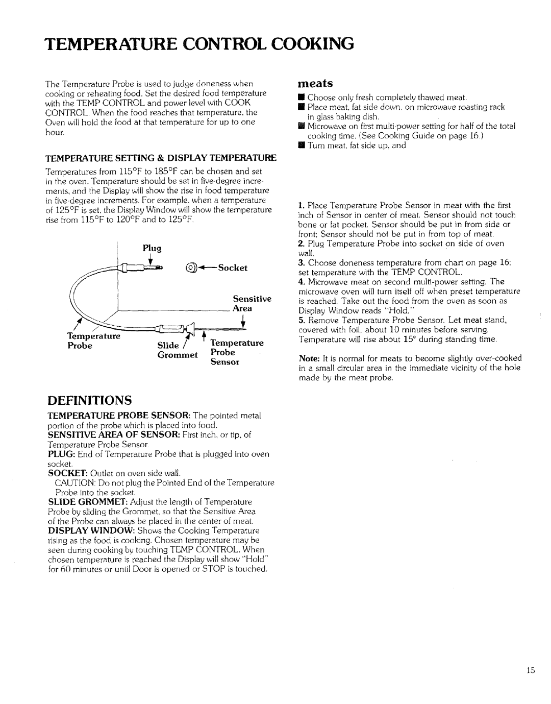 Kenmore 99721 manual Temperature Control Cooking, Definitions, Temperature Seing & Display Temperature 