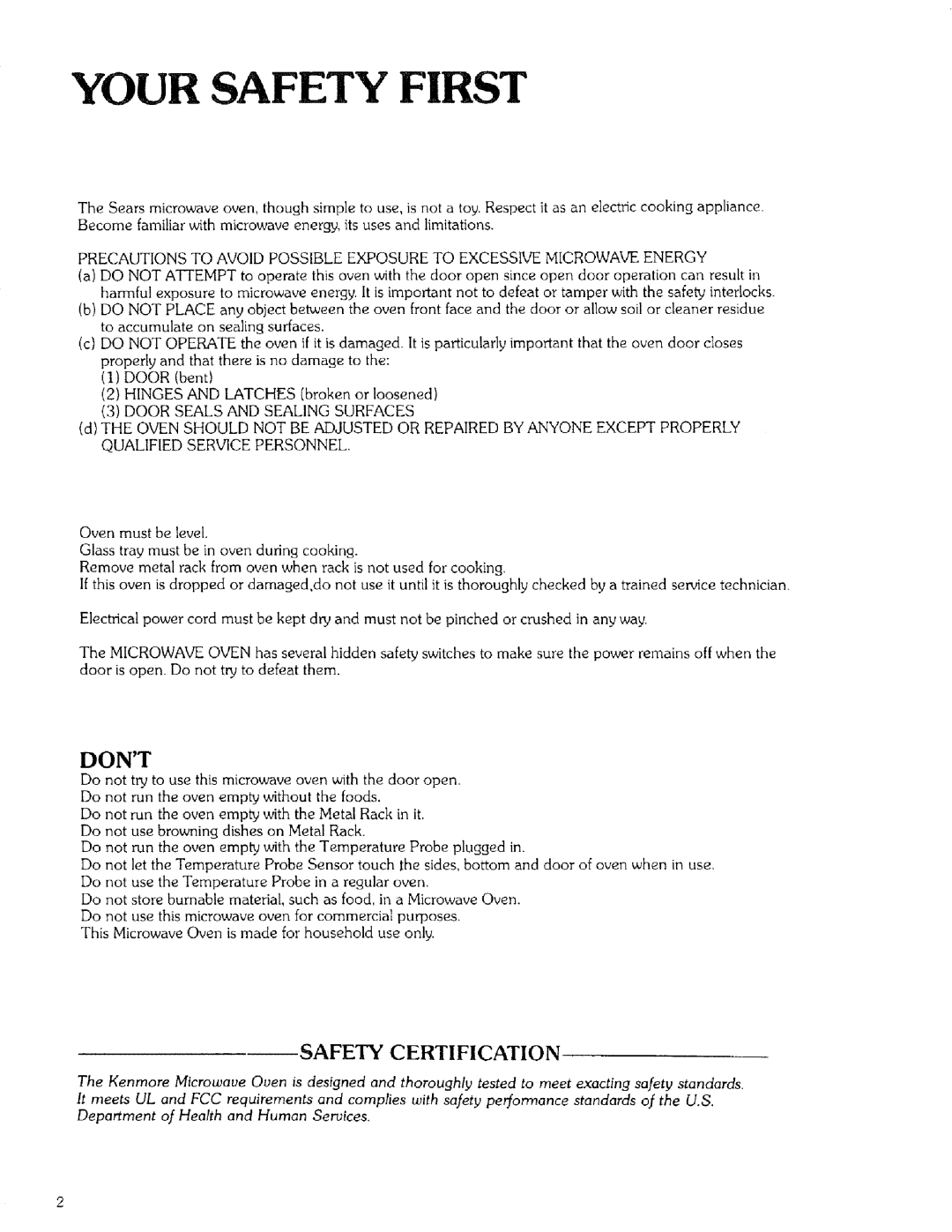 Kenmore 99721 manual Your Safety First, Door Seals and Sealing Surfaces 