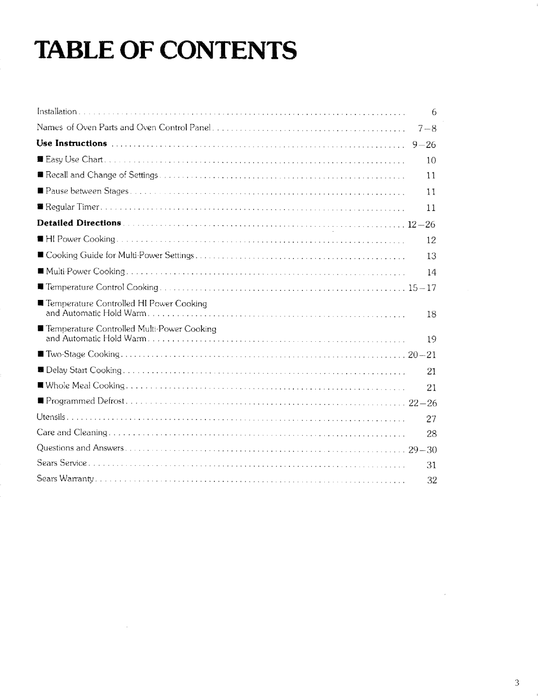 Kenmore 99721 manual Table of Contents 