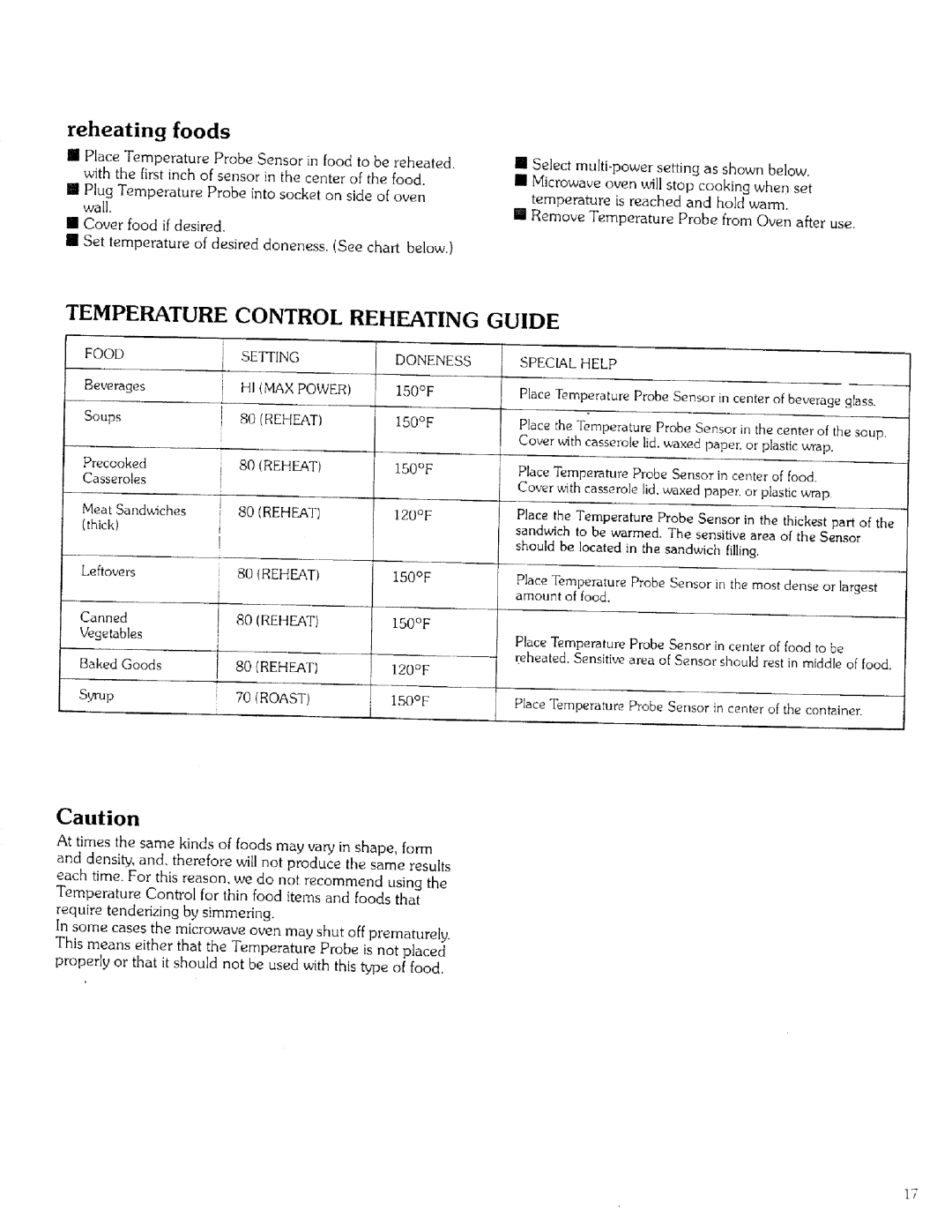 Kenmore 99721 manual reheating foods, Temperature, Control Reheating, Guide 