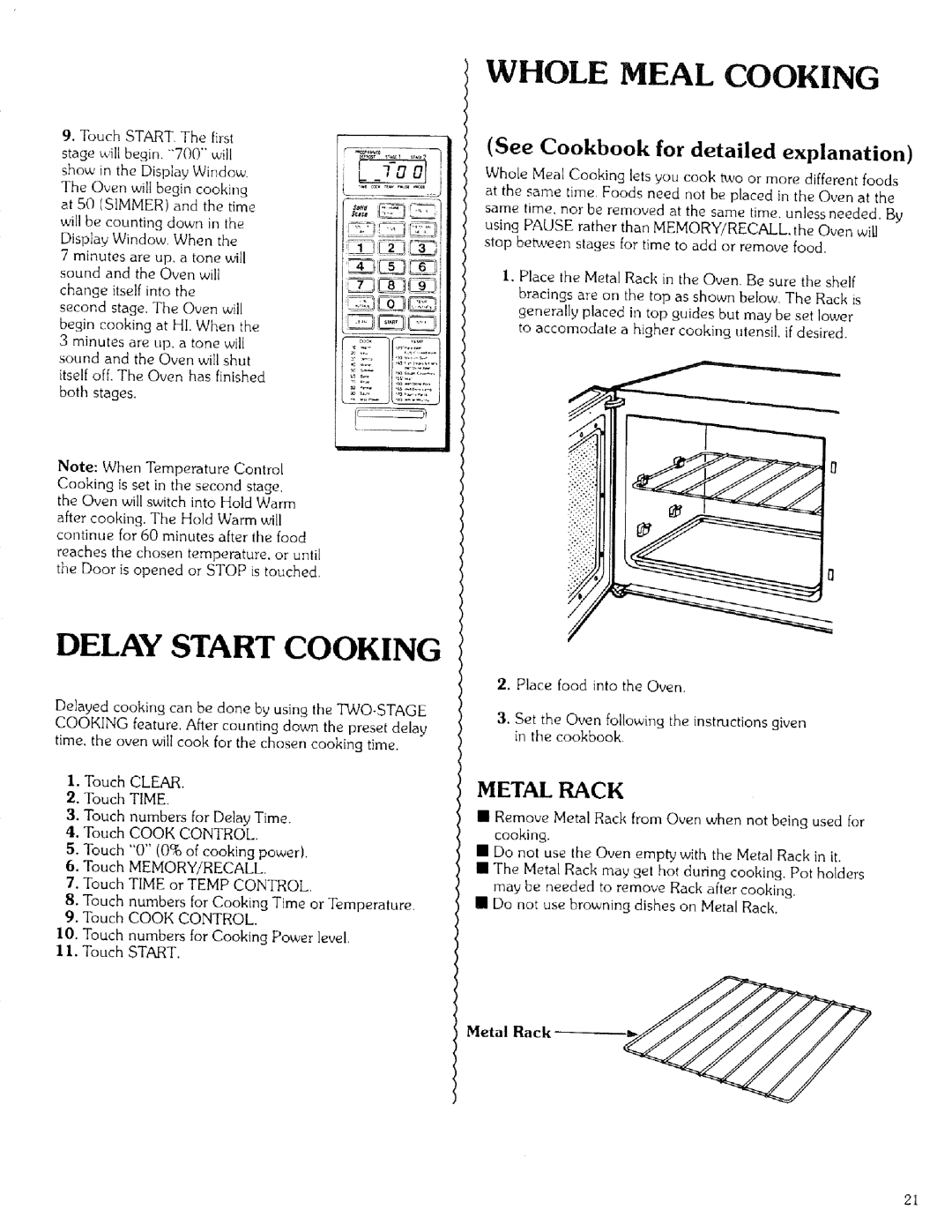 Kenmore 99721 manual Whole Meal Cooking, Delay Start Cooking, See Cookbook for detailed explanation, Metal Rack 
